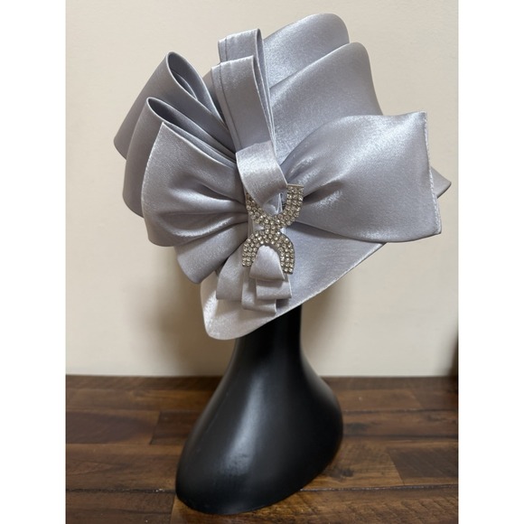 Hi’s Accessories - HI's Silver Gray Church Hat Rhinestone Bow Wedding Kentucky Derby Mother Bride